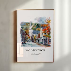 Arte mural de Woodstock, Vermont, impresión de Woodstock, acuarela de Woodstock, VT, regalo de Woodstock, VT, póster de viaje, regalo de inauguración de la casa