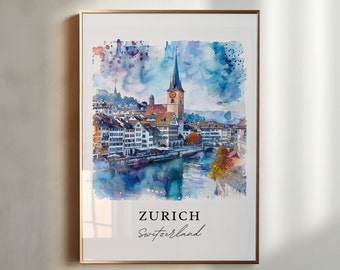 Zurich Watercolor Art, Switzerland Print, Zurich Wall Art, Swiss Art Gift, Travel Print, Travel Poster, Travel Gift, Housewarming Gift