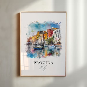 May include: A watercolor painting of colorful buildings on a hillside overlooking a harbor with boats. The text "Procida Italy" is at the bottom of the painting.