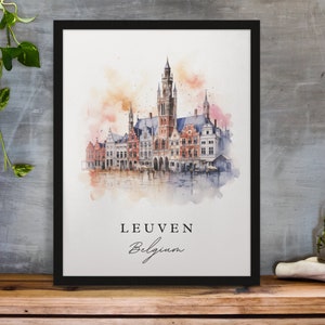 Leuven traditional travel art Belgium, Leuven poster print, Wedding gift, Birthday present, Custom Text, Perfect Gift image 1