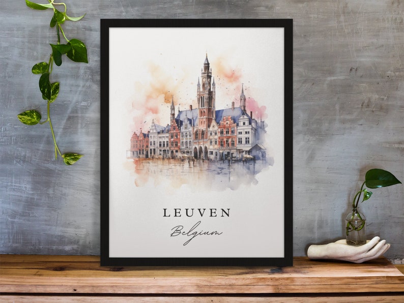 Leuven traditional travel art Belgium, Leuven poster print, Wedding gift, Birthday present, Custom Text, Perfect Gift image 1