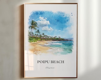 May include: A watercolour painting of a beach scene with palm trees, blue water, and a sandy shore. The text "POIPU BEACH Hawaii" is printed below the image.