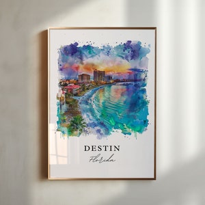 May include: A watercolour painting of Destin, Florida. The painting depicts a cityscape with buildings along a beach with turquoise water. The sky is a vibrant orange and purple.