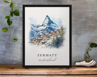 Zermatt traditional travel art - Switzerland, Zermatt poster, Wedding gift, Birthday present, Custom Text, Personalised Gift