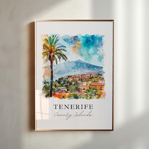 Arte mural de Tenerife, impresión de Tenerife, Islas Canarias, arte de acuarela de Tenerife, regalo del monte Teide, póster de viaje, regalo de inauguración de la casa