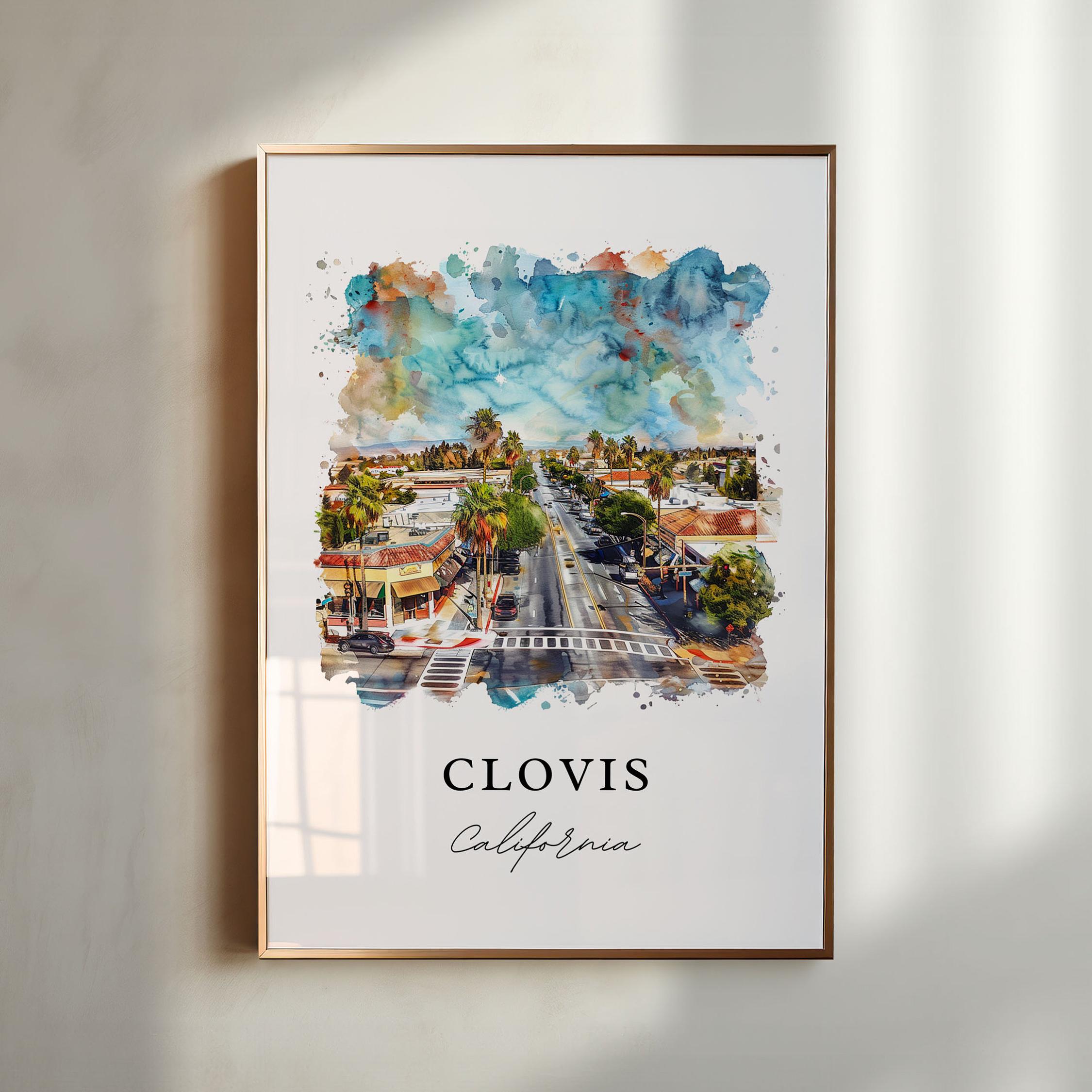 Sztuka Clovis w Kalifornii, wydruk Clovis w Kalifornii, akwarele Clovis, prezent dla hrabstwa Fresno w Kalifornii, plakat podróżniczy, prezent na parapetówkę