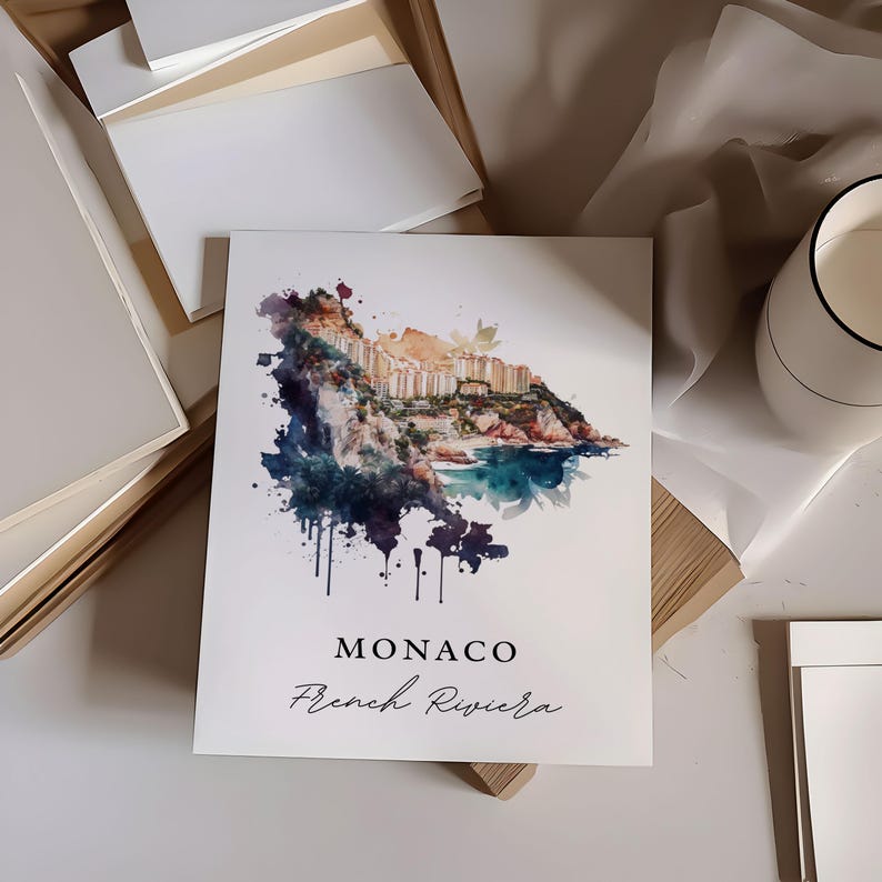 Monaco Watercolor Map Art Print – French Riviera Travel Poster image 2