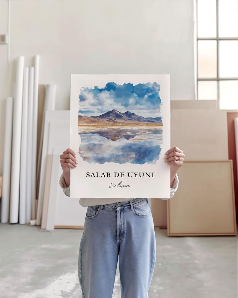 Salar De Uyuni Wall Art, Bolivia Print, Salar De Uyuni Watercolor Art, Uyuni Salt Flat Gift, Travel Print, Travel Poster, Housewarming Gift image 3