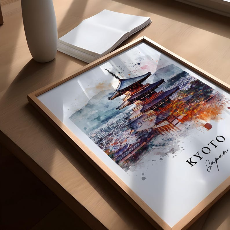 Sztuka ścienna z Kioto, wydruk z Kioto w Japonii, akwarela z Kioto, prezent z wyspy Honsiu w Japonii, plakat podróżniczy, prezent na parapetówkę zdjęcie 3