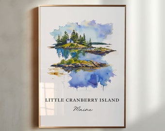 May include: Watercolor painting of a small island with a house and trees, reflected in the water. The text "LITTLE CRANBERRY ISLAND Maine" is below the image.