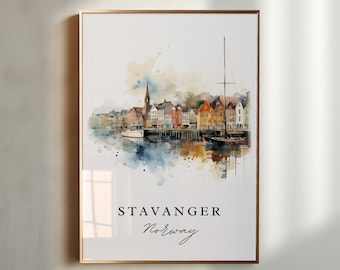 Stavanger traditional travel art - Norway, Stavanger poster, Wedding gift, Birthday present, Custom Text, Personalized Gift