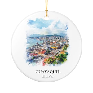 May include: Round white ceramic Christmas ornament with a watercolour painting of Guayaquil, Ecuador. The image shows a cityscape with buildings, a bay, and a blue sky. The text "GUAYAQUIL Ecuador" is printed in black.