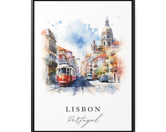 Lisbon Portugal Print - Cityscape Watercolor Art, Framed Option