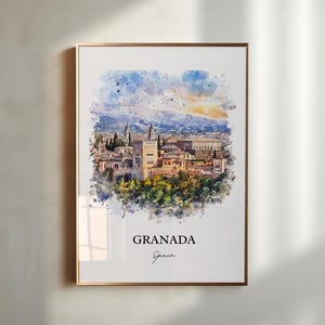 May include: A watercolor painting of the city of Granada, Spain. The painting features a cityscape with buildings, trees, and a mountain range in the background. The painting is framed in a gold frame.