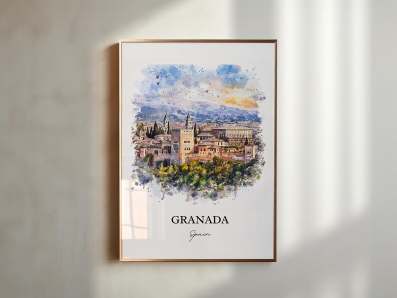 May include: A watercolor painting of the city of Granada, Spain. The painting features a cityscape with buildings, trees, and a mountain range in the background. The painting is framed in a gold frame.