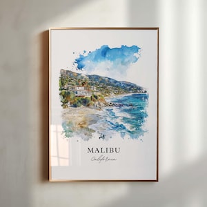 Malibu Wall Art, Malibu California Print, LA Watercolor Art, Malibu Cali Gift, Malibu Travel Poster, Housewarming Gift