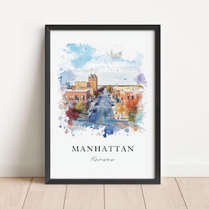 Arte mural de Manhattan, Kansas, impresión de Manhattan, Kansas, acuarela de la Universidad de Kansas, regalo de Manhattan, Kansas, póster de viaje, regalo de inauguración de la casa