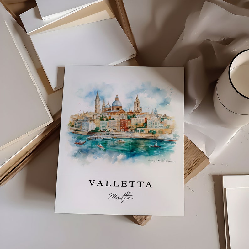 Stampa di Valletta Malta - Poster di viaggio con paesaggio urbano ad acquerello immagine 2