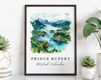 Prince Rupert traditional travel art - British Columbia, Prince Rupert print, Wedding gift, Birthday present, Custom Text, Perfect Gift