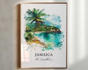 Può includere: Stampa ad acquerello incorniciata di una scena di spiaggia giamaicana con una palma, acqua turchese e una vegetazione verde lussureggiante. L'opera d'arte include il testo "JAMAICA" e "The Caribbean". La cornice è color oro.