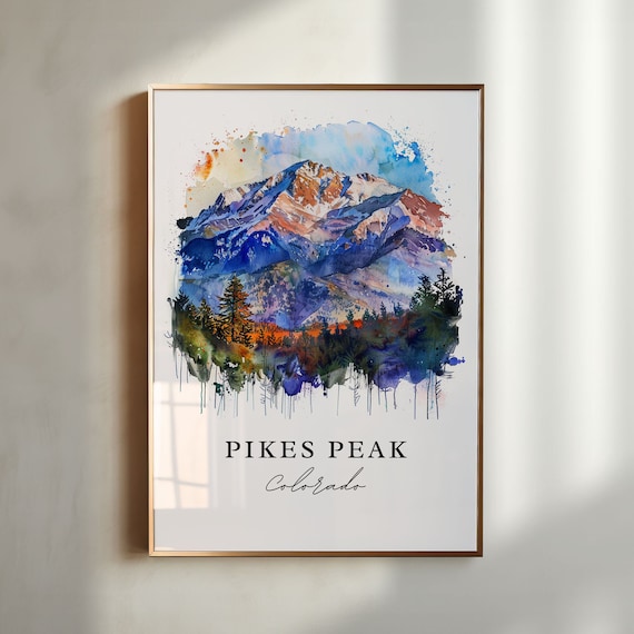 Pikes Peak Watercolor Art Print, Colorado Mountain Travel Poster