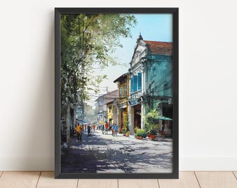 ペナンの水彩画、マレーシアの壁画、ジョージタウンの街並みの絵画