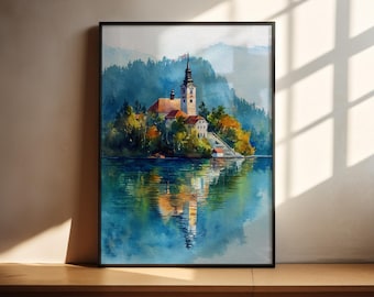 Lake Bled Watercolor Art Lake Bled Travel Print Slovenia Artwork Lake Bled Decor Lake Bled Slovenia Wall Art
