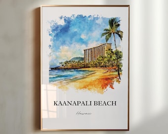 May include: A watercolor painting of Kaanapali Beach in Hawaii. The painting depicts a beach with palm trees, a hotel, and a blue sky with white clouds.