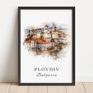 May include: A watercolor painting of the city of Plovdiv, Bulgaria. The painting features a church with a dome and a bell tower, as well as other buildings and trees. The painting is set against a background of a blue sky with white clouds.