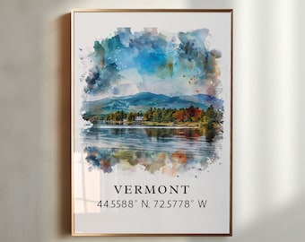 Arte de pared de Vermont - Impresión de Vermont con coordenadas, opciones enmarcadas y sin marco - Regalo de bodas, regalo de cumpleaños, personalización disponible