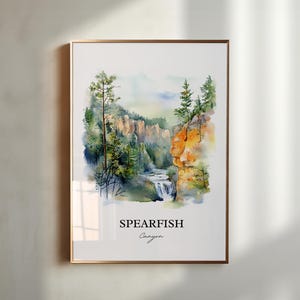 May include: Watercolor painting of Spearfish Canyon in South Dakota. The painting depicts a waterfall cascading down a rocky cliffside, surrounded by lush green trees. The text "Spearfish Canyon" is written below the painting.