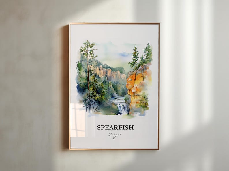 May include: Watercolor painting of Spearfish Canyon in South Dakota. The painting depicts a waterfall cascading down a rocky cliffside, surrounded by lush green trees. The text "Spearfish Canyon" is written below the painting.