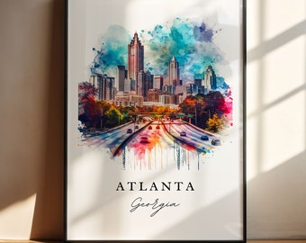 Puede incluir: Una pintura de acuarela del horizonte de Atlanta con una autopista en primer plano. La pintura está en un marco negro y tiene un fondo blanco. El texto "ATLANTA Georgia" está escrito debajo de la pintura.