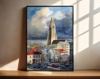 Arte de acuarela de Reykjavik Impresión de viaje de Reykjavik Obra de arte de Reykjavik Islandia Decoración de la ciudad de Reykjavik Arte de pared de Islandia