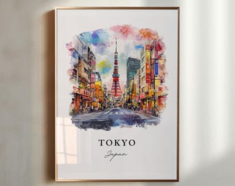 Arte mural de Tokio, lámina de Tokio, acuarela de Tokio, regalo de Tokio, Japón, lámina de viaje de Tokio, póster de viaje del horizonte de Tokio, regalo de inauguración de casa