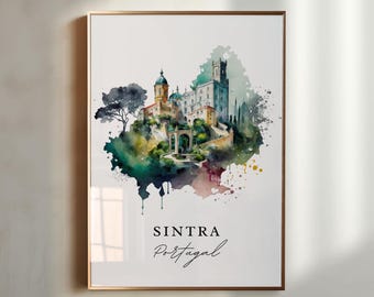 Sintra Portugal Print – Watercolor Castle Art, Custom Text Available