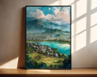 Pokhara Nepal Watercolor Art Pokhara Travel Print Pokhara Nepal Artwork Nepal Decor Pokhara Wall Art