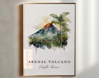 Arenal Volcano traditional travel art - Costa Rica, Mount Arenal poster, Wedding gift, Birthday present, Custom Text, Personalized Gift
