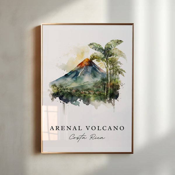 Art de voyage traditionnel du volcan Arenal - Costa Rica, affiche du mont Arenal, cadeau de mariage, cadeau d'anniversaire, texte personnalisé, cadeau personnalisé