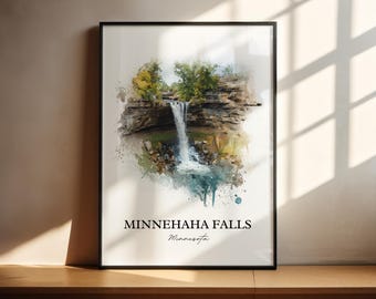 May include: A framed art print featuring a watercolor painting of Minnehaha Falls in Minnesota. The artwork depicts a waterfall cascading over rocky cliffs, surrounded by green trees and foliage. The title "Minnehaha Falls Minnesota" is printed below the image.