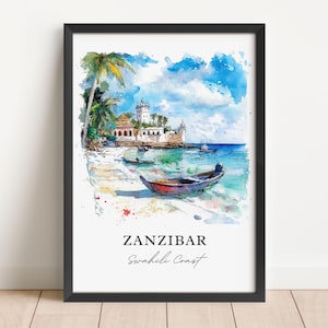 Arte mural de Zanzíbar, impresión de la isla de Zanzíbar, arte de acuarela de Unguja, regalo de Tanzania, impresión de viaje, póster de viaje, regalo de inauguración de la casa