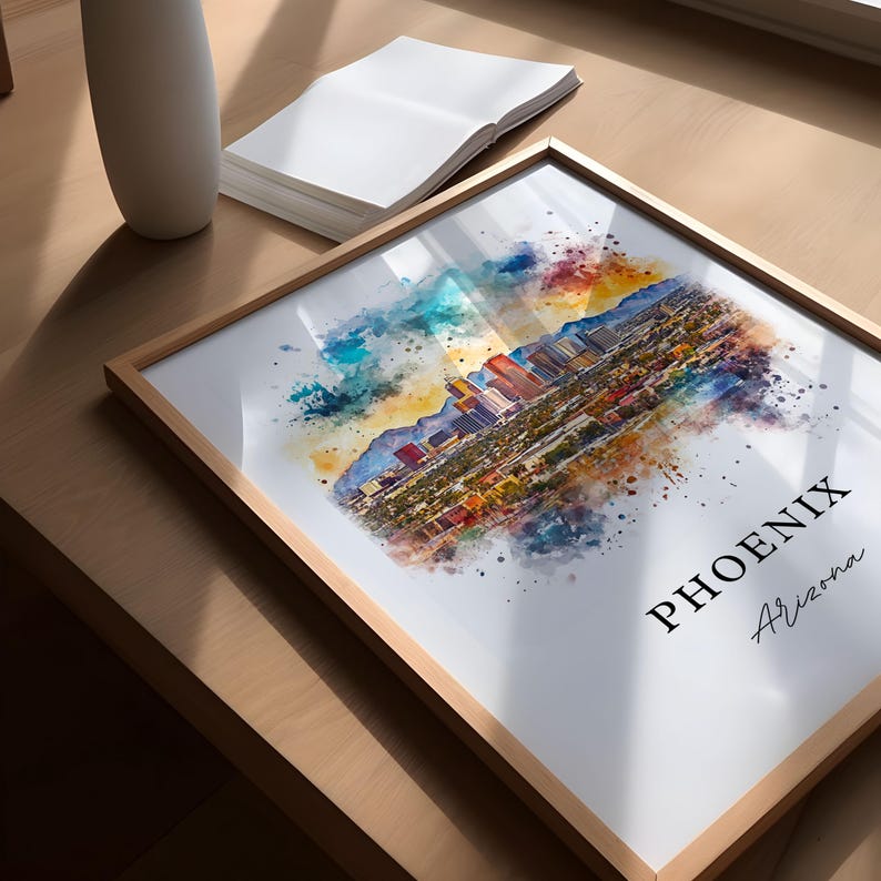 Phoenix AZ kunst aan de muur, Phoenix Arizona print, Phoenix aquarel kunst, Phoenix AZ cadeau, Arizona reisposter, housewarming cadeau afbeelding 4