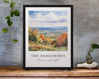 The Berkshires traditional travel art - Massachusetts, Berkshires poster, Wedding gift, Birthday present, Custom Text, Personalized Gift