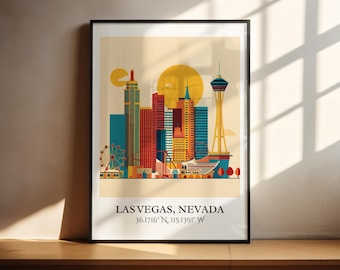 May include: A framed art print featuring a stylized illustration of the Las Vegas, Nevada skyline. The artwork showcases colorful buildings, a Ferris wheel, and the Stratosphere Tower against a yellow sun. The text "LAS VEGAS, NEVADA" and coordinates are at the bottom.