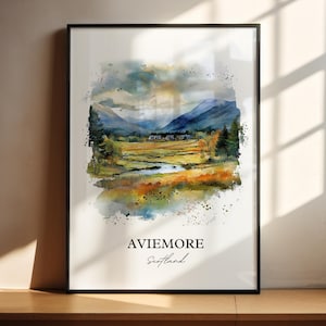 Aviemore Wall Art, Scottish Highlands Print, Scotland Watercolor, Cairngorms Park Gift, Travel Print, Travel Poster, Housewarming Gift