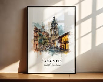 Arte mural de Colombia, impresión de Colombia, acuarela de Colombia, regalo de Colombia, impresión de viaje, póster de viaje, regalo de inauguración de la casa