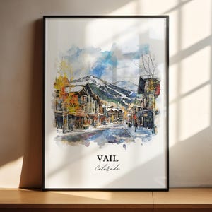 Arte mural de Vail, impresión del pueblo de Vail, acuarela de Vail, regalo de montaña de Vail, impresión de viaje, póster de viaje, regalo de inauguración de la casa