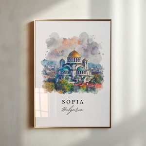 May include: A watercolor painting of the Alexander Nevsky Cathedral in Sofia, Bulgaria. The cathedral is painted in shades of green, white, and gold, with a golden dome. The painting has a watercolor background with shades of blue, pink, and orange.