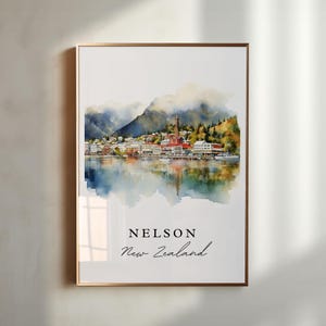 May include: A watercolor painting of a city with a church steeple, mountains, and a body of water. The text "NELSON New Zealand" is printed below the image.
