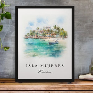 May include: A watercolor painting of a beach scene with buildings, palm trees, and a boat in the water. The text "ISLA MUJERES Mexico" is printed below the image.